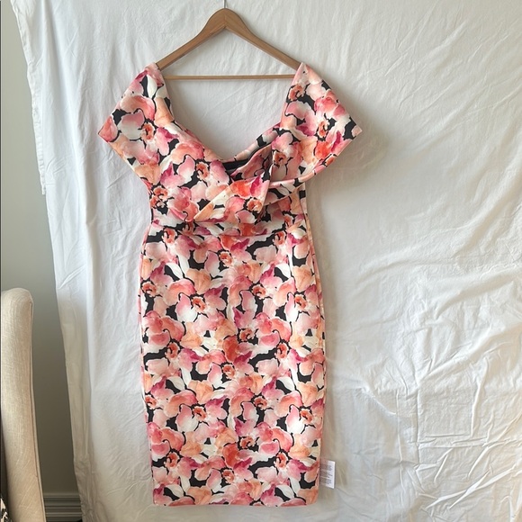 ASOS DESIGN Sweetheart Puff Bardot Midi Pink Floral Party Dress Size 14 NEW - Picture 5 of 17